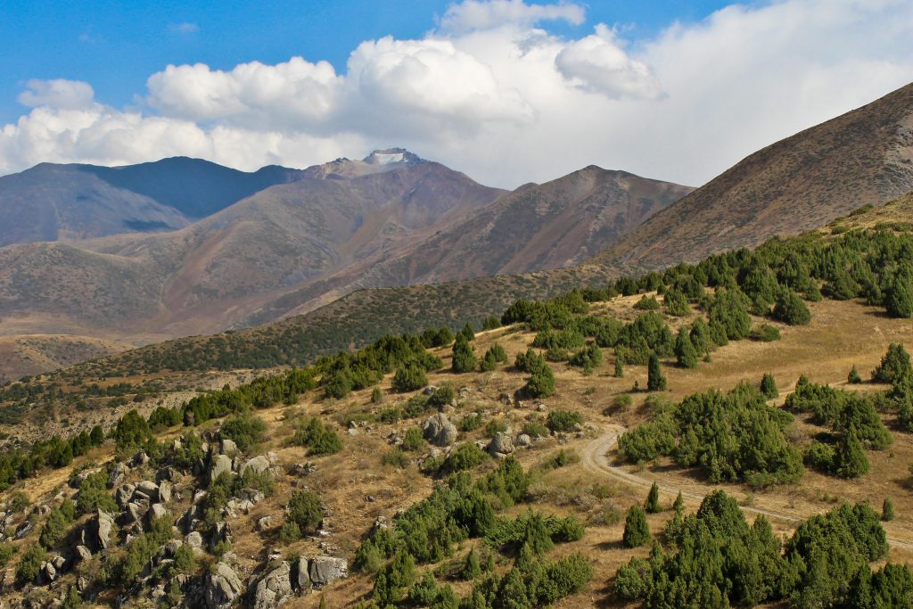 View of the Uiken Valley looking up to the Aksuat mountain in Aksu-Zhabagly