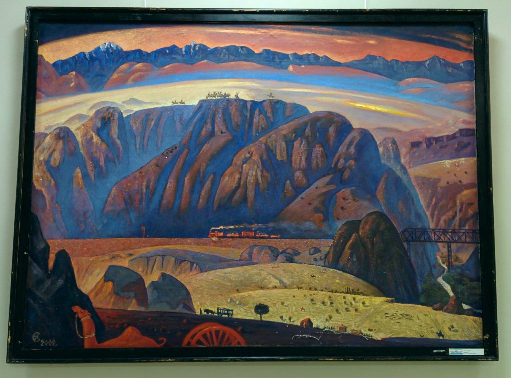 Info Shymkent - Oil painting with a train is crossing the beautiful landscape of South Kazakhstan