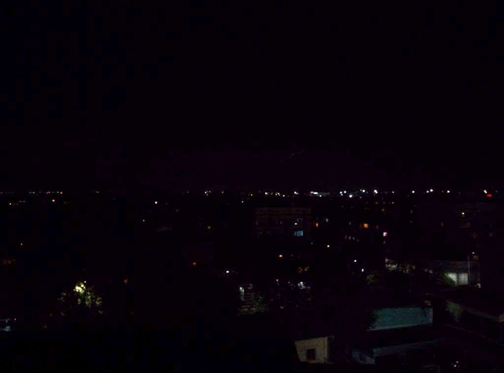 Cloud of the rocket Soyuz MS-15 is clearly visible at the night sky of Shymkent. On board is 1st UAE Cosmonaut Al-Mansoori