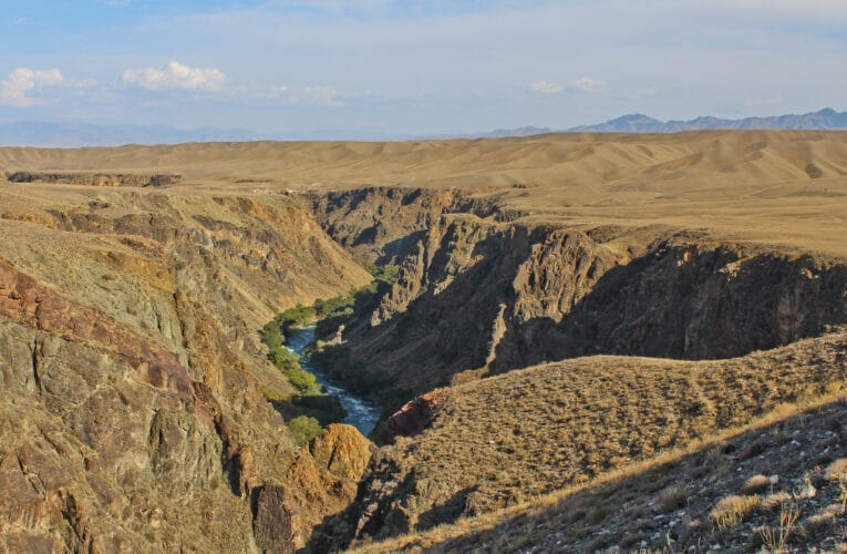 Charyn Canyon – Blue ribbon through brown steppe