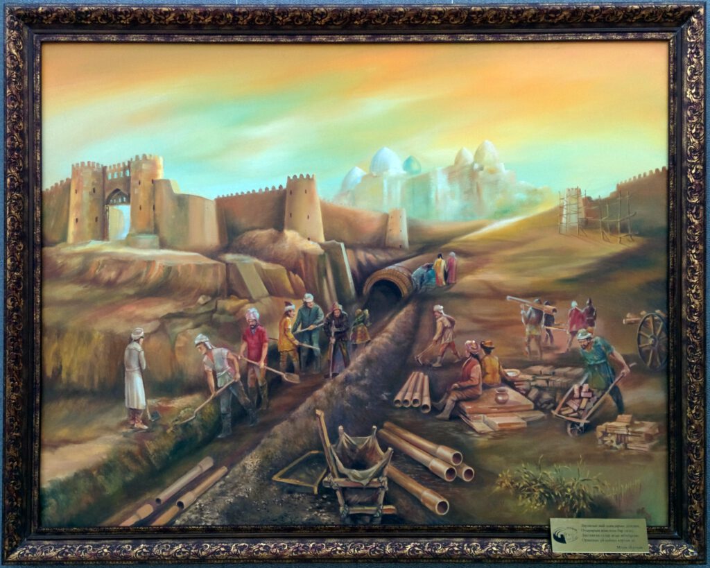 Info Shymkent - Painting about the Construction of the Canalization of the ancient silk road city Otrar in Kazakhstan (Painting: Adilkhan Malik)