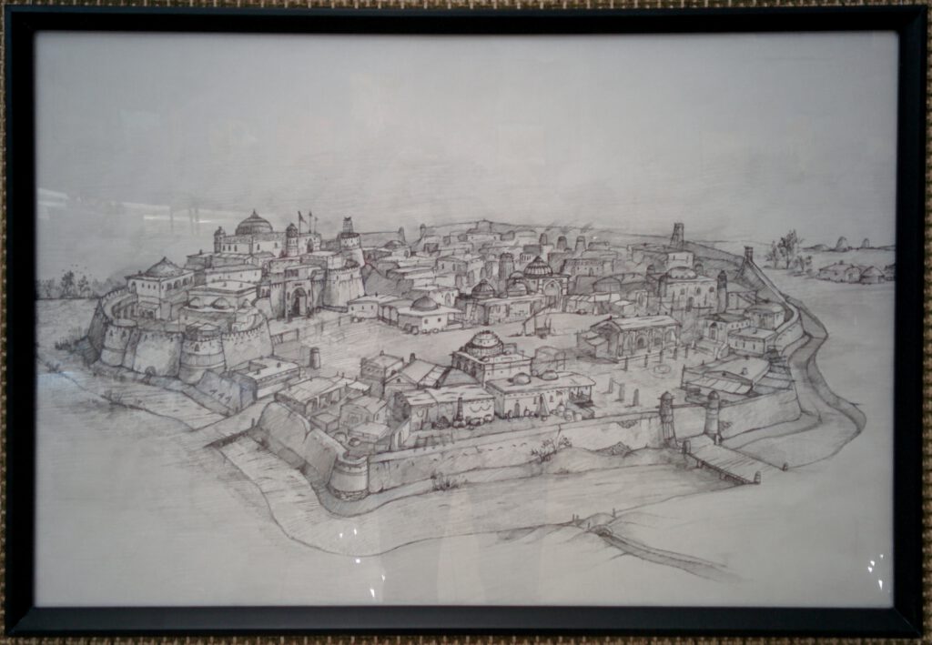 Info Shymkent - Drawing of a ancient city - propably Farab - in Museum of Fine Arts in Shymkent, Kazakhstan