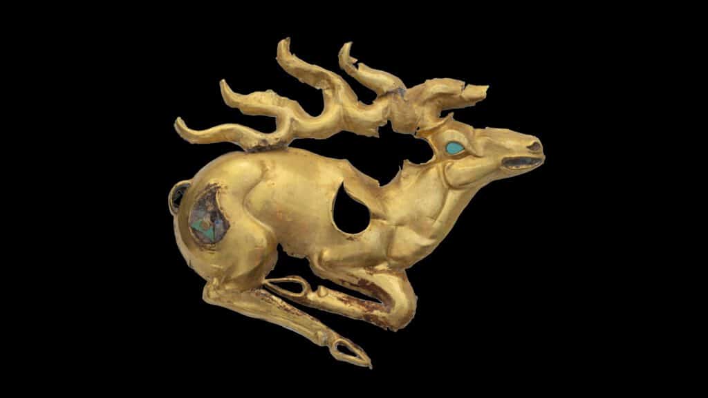 Info Shymkent - "Gold of the Great Steppe" exhibition in Fritzwilliam Museum - Golden recumbent stag plaque manufactured by Saka in 8th–6th century BC
