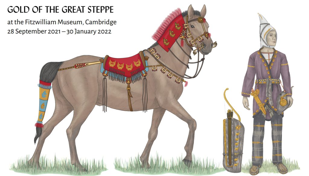 Info Shymkent - "Gold of the Great Steppe" exhibition in Fritzwilliam Museum - Schematic to show the location of the found gold items on a Saka warrior with horse