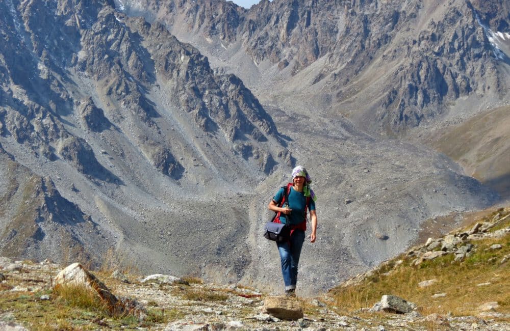 Info Shymkent - German tour guide and writer Dagmar Schreiber climbing up to Big Almaty Peak (Photo: Valeriy Izmailov)