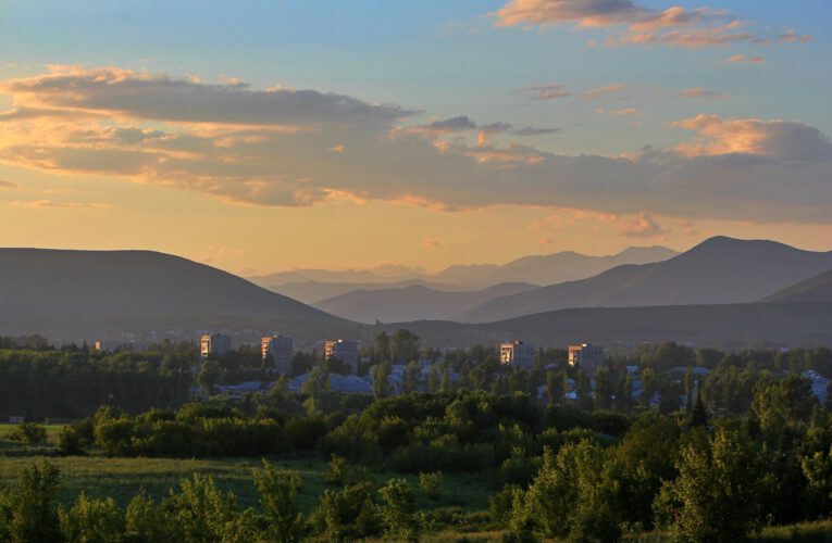 Gorgeous sunset at the town Altai