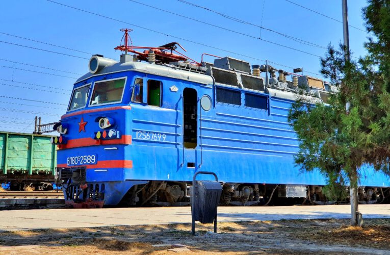 Info Shymkent - VL80-S a electric locomotive in train station Shymkent in Kazakhstan